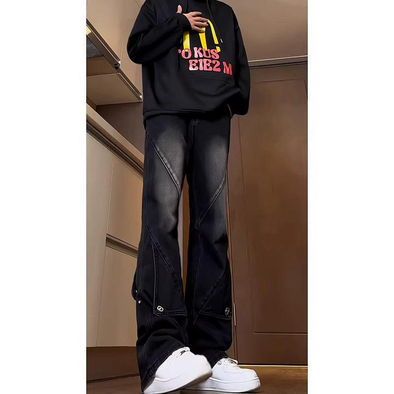 Men's Workwear Patchwork Jeans - Wide Leg Flared Denim Pants