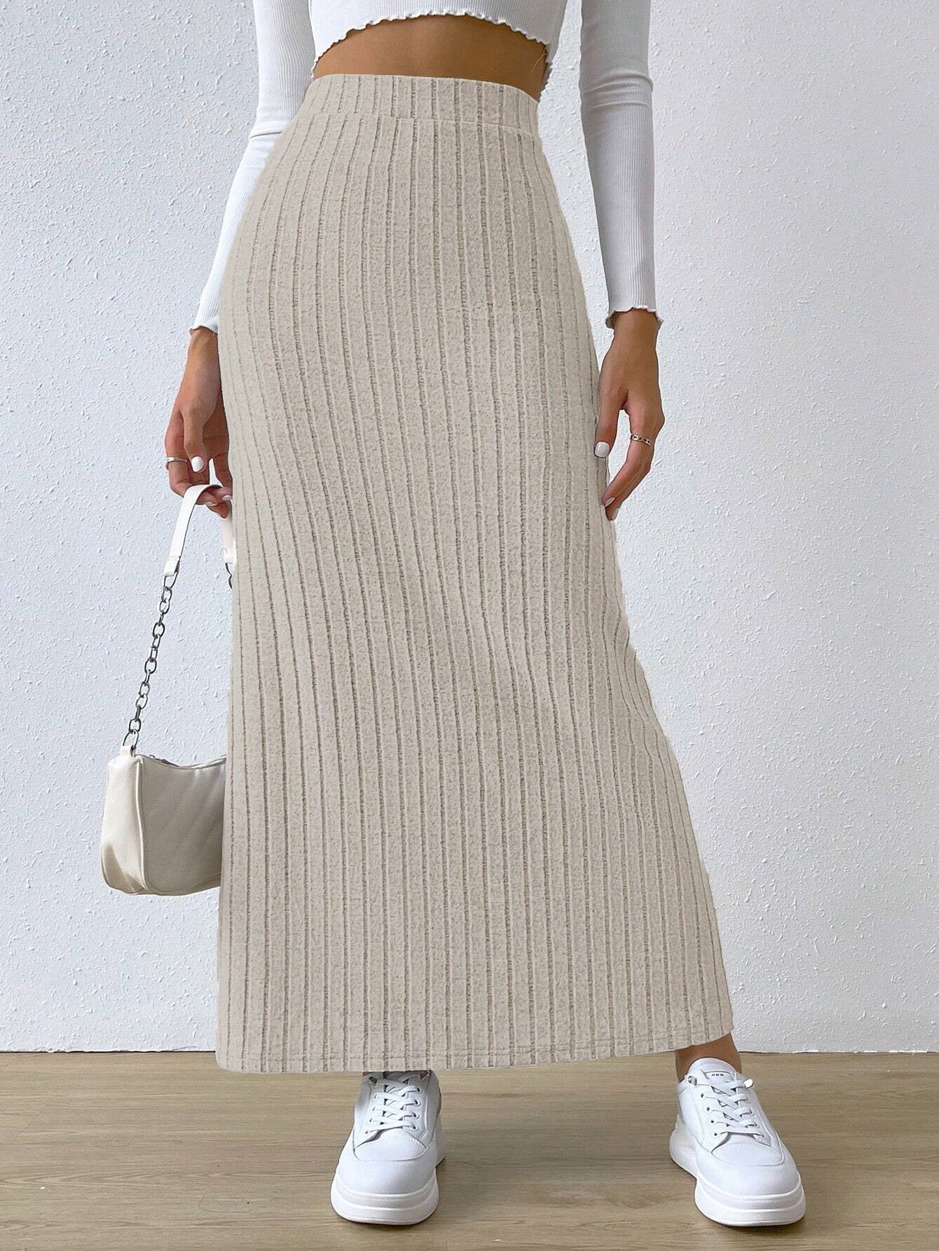 Damen Strick Maxirock | High Waist Rock mit Seitenschlitz