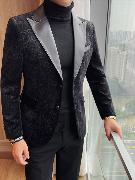 Men's Jacquard Velvet Blazer with Leather Lapels – Luxury Elegant Jacket