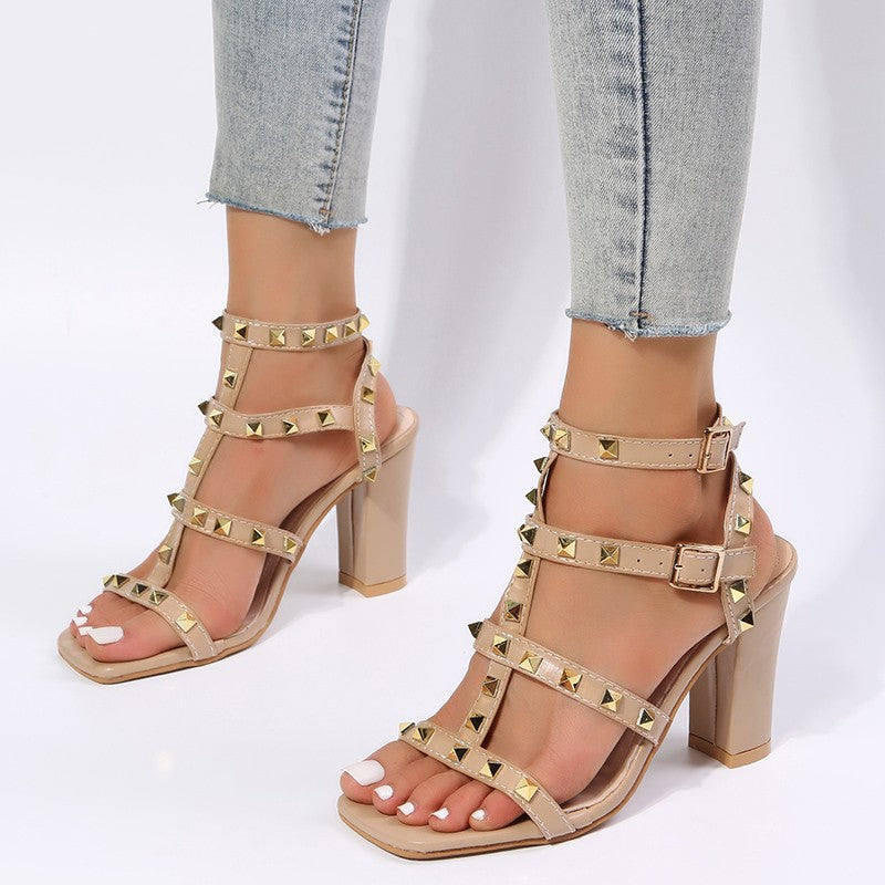 Damen Gladiator Sandalen mit Nieten | Square Toe High Heels