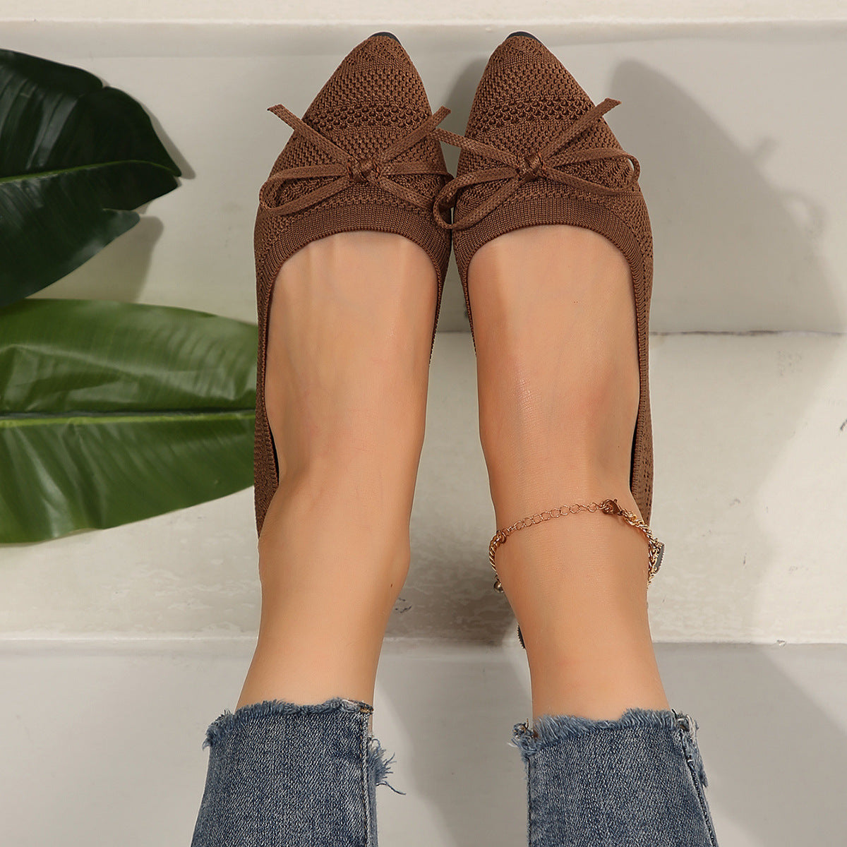Women's knitted loafer elegant | pointed flats with bow