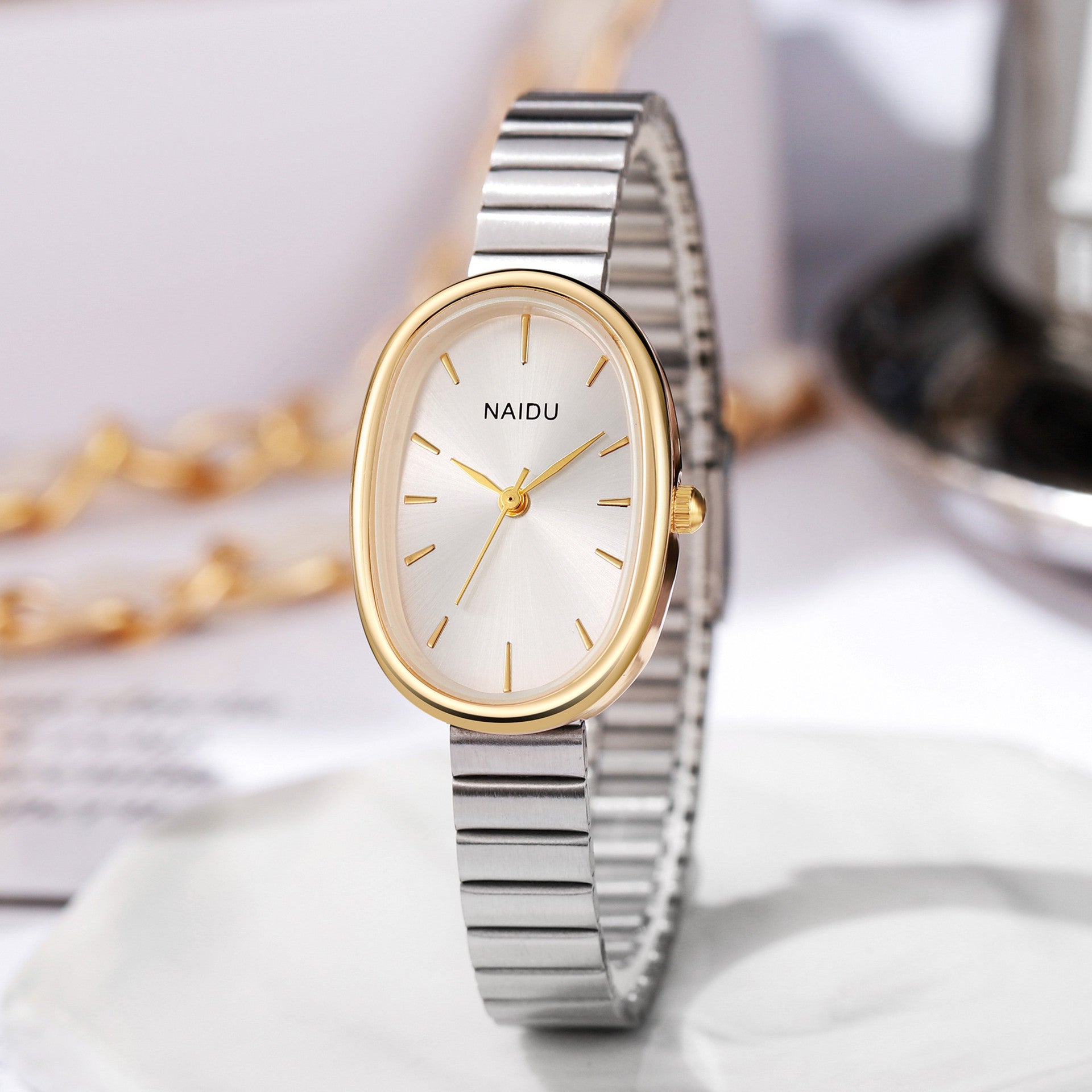 Girl's Watch with Bamboo Link Bracelet – Small Oval Watch