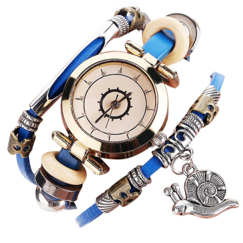 Vintage Ladies' Wristwatch, Curved Leather Strap, Snail Pendant