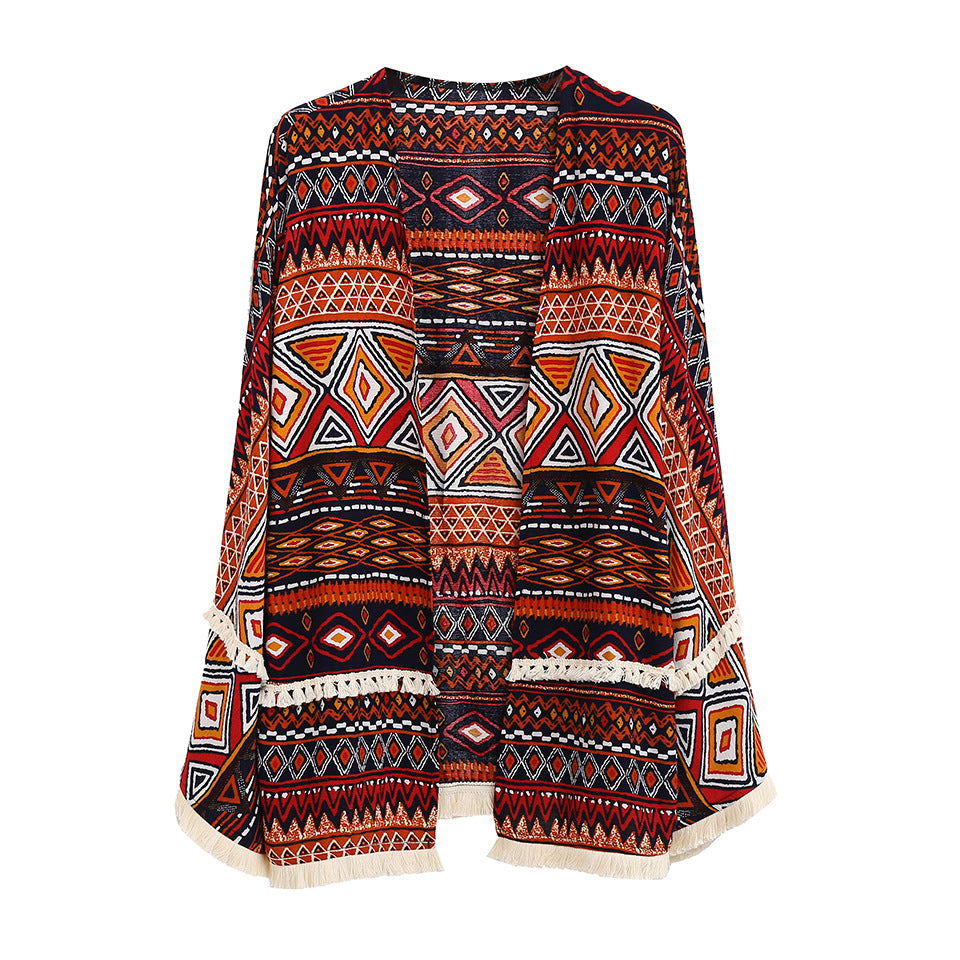 Boho Damen Cardigan Fransen | Vintage Print Kimono Jacke
