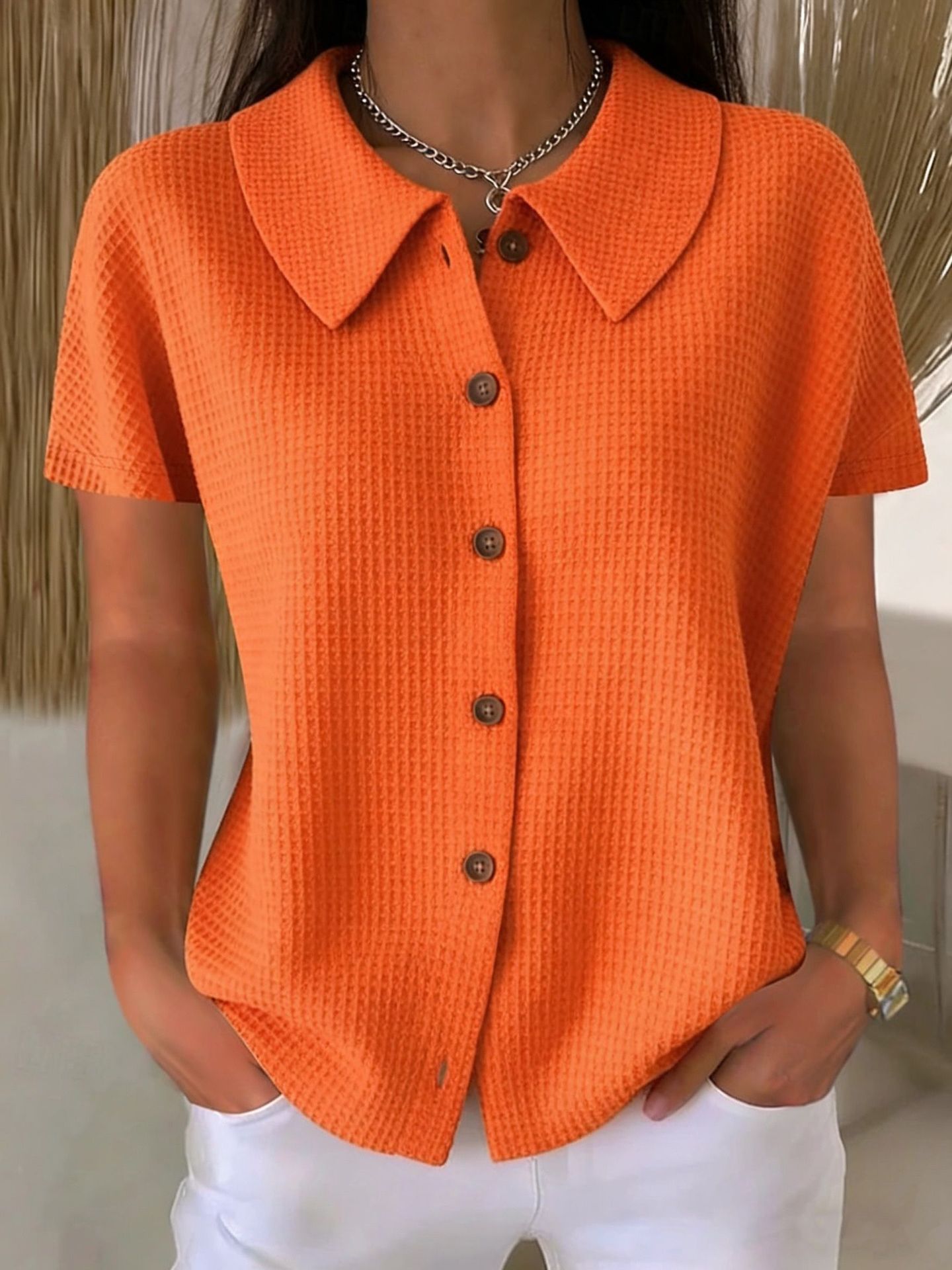 Women's Short-Sleeve Blouse with Collar – Waffle Texture, Loose & Summery