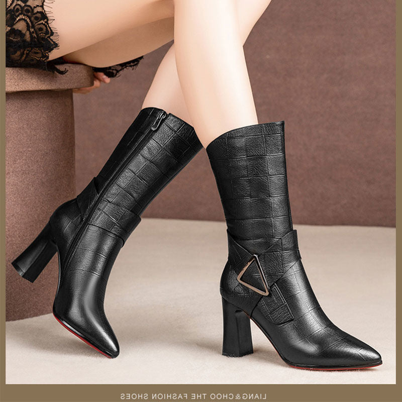 Damen Plüsch Winterstiefel | Spitze Boots mit Blockabsatz