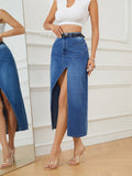 Damen Denim Maxirock | Asymmetrischer Jeansrock mit Cut-Out
