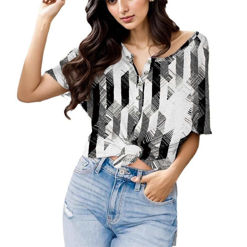 Damen Kurzarmbluse V-Ausschnitt | Sommerbluse mit Print