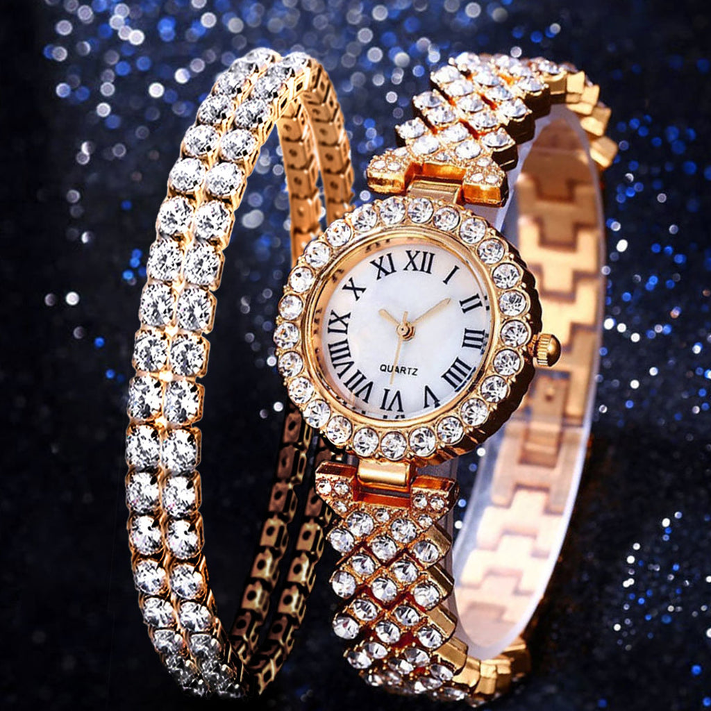 Fashion Luxury Diamond Quartz Watch Double-layer Diamond Bracelet 2PCS