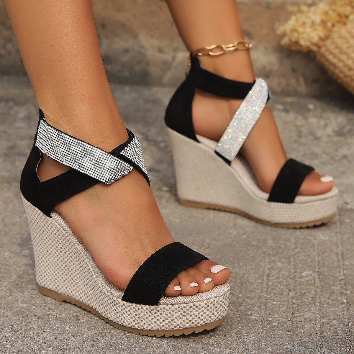 Women's Rhinestone Wedge Sandals | Platform Peep Toe Summer Shoes