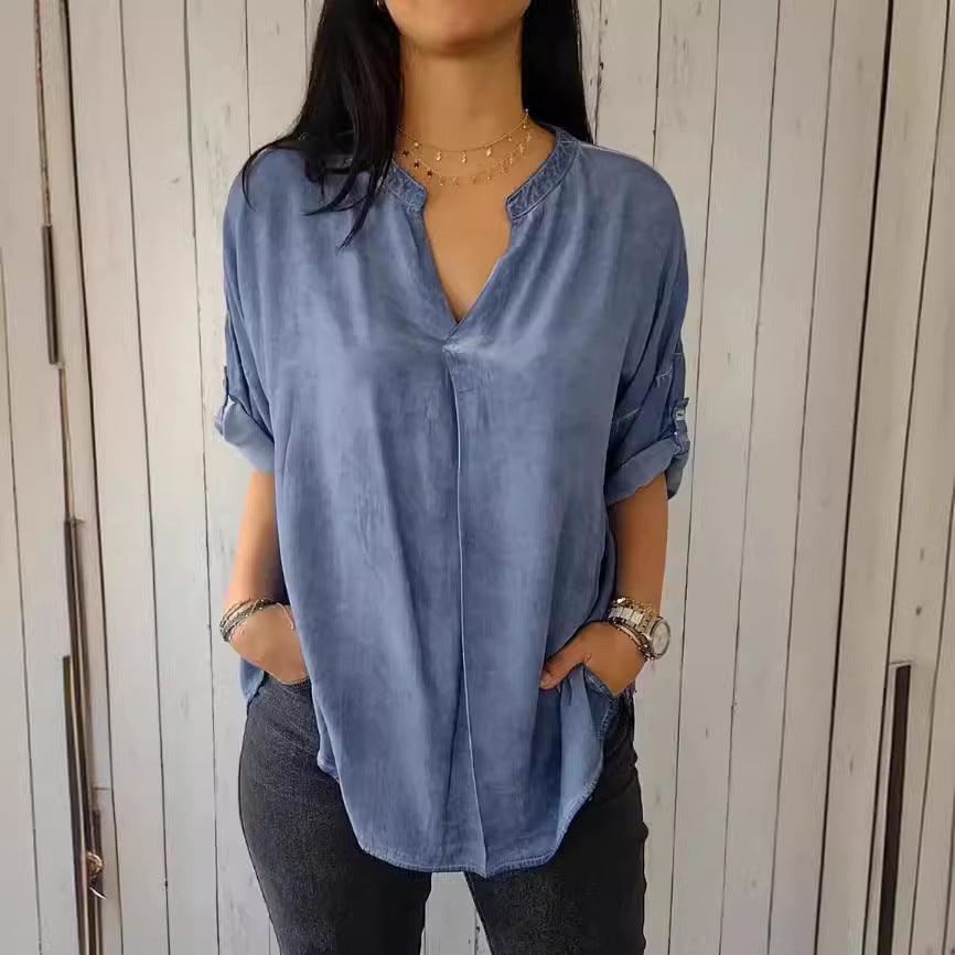 Plus Size Damenbluse Baumwolle Leinen | V-Ausschnitt Shirt