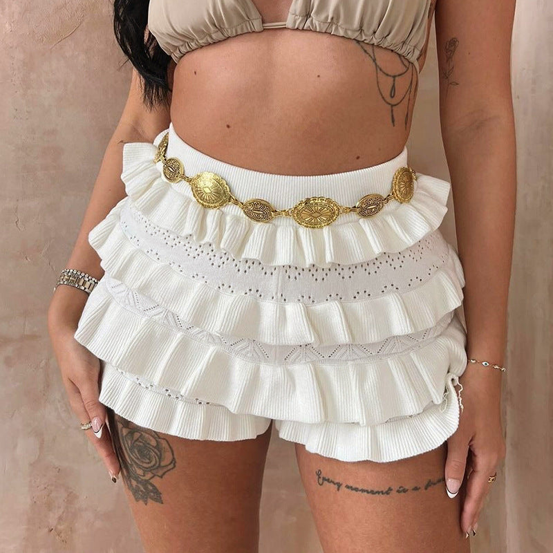 Women's High Waisted Ruffle Shorts – Elegant Knitted Summer Trousers