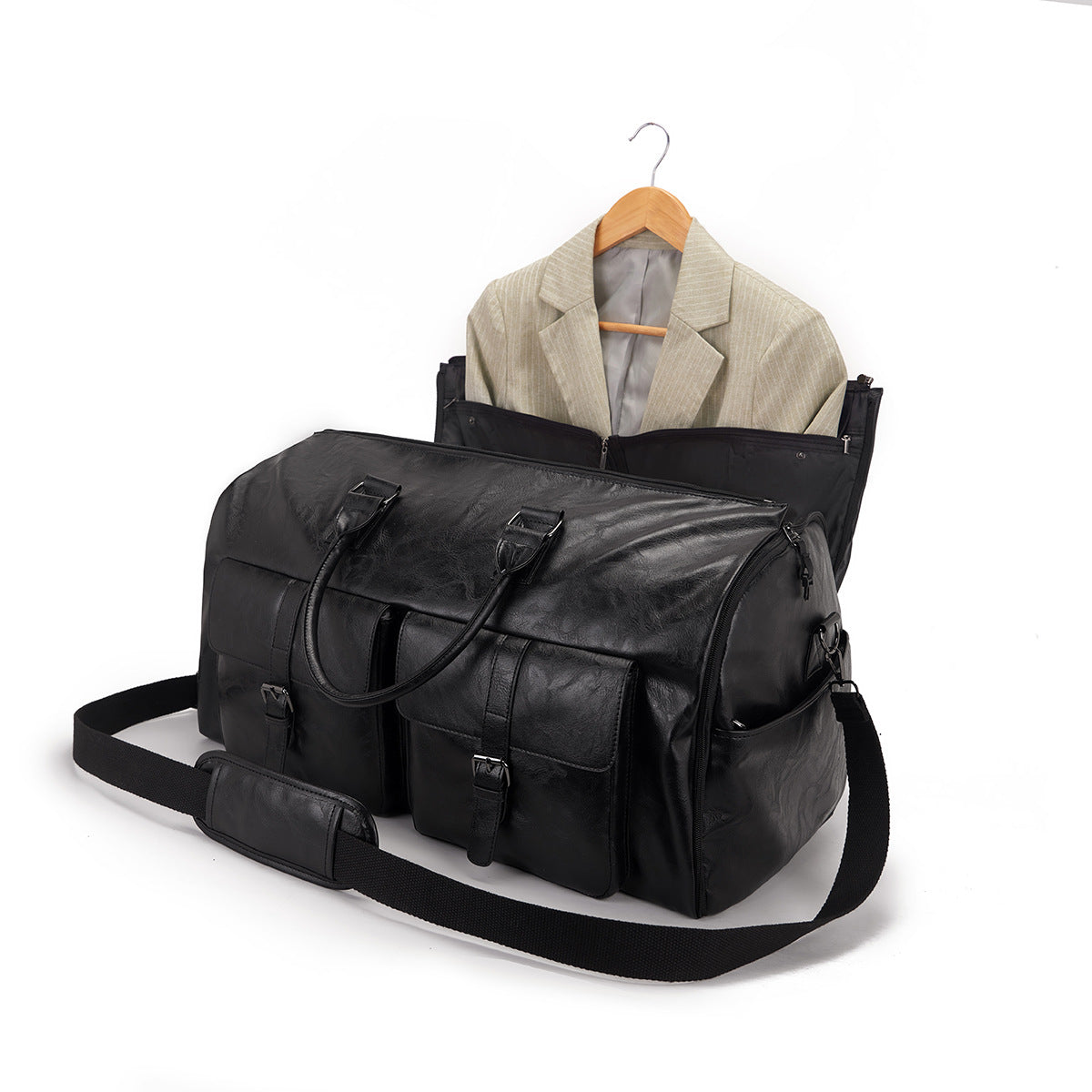Travel Garment Bag Made of PU Leather – Foldable Garment Bag with Storage Compartments
