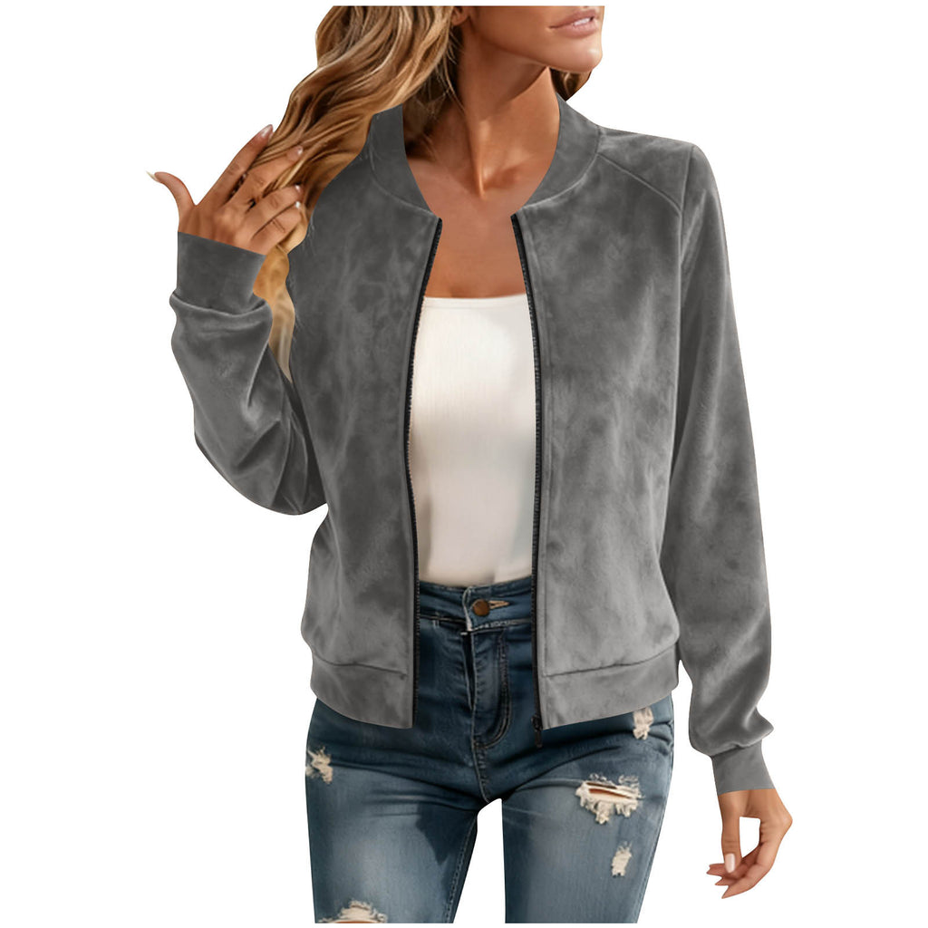 Women's Suede Look Short Jacket - Fleece Lined, Zip & Round Neck