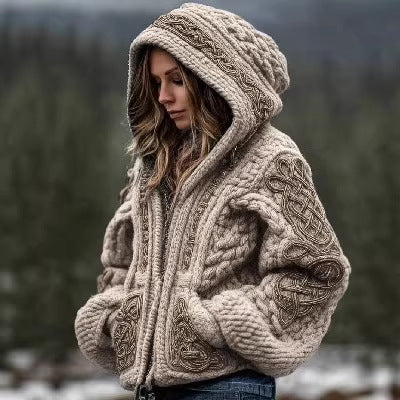 Damen Kapuzen Strickjacke mit Print – Reißverschluss Hoodie Cardigan