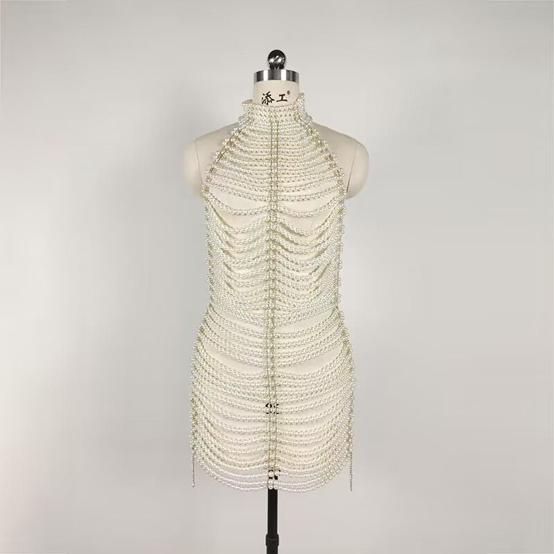 Elegant Pearl Halter Dress for Women | Glamorous Evening Party Dress