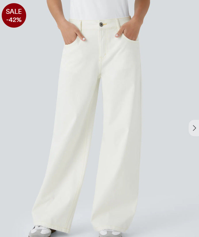 Women's Retro Wide Leg Jeans – Washed Denim with Textured Design