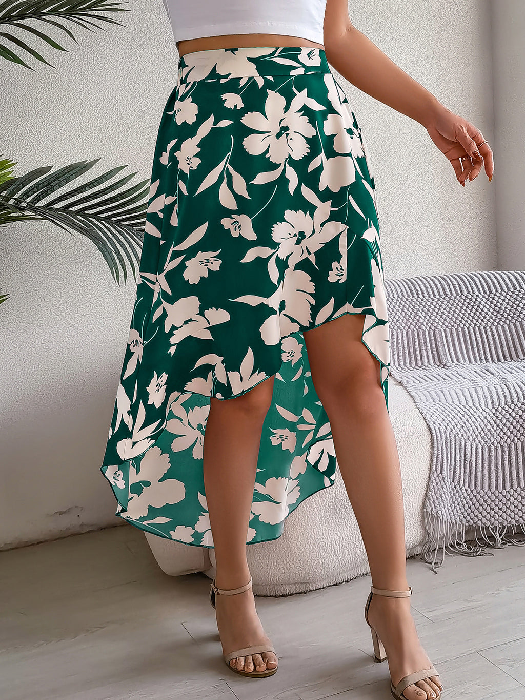 Eleganter Blumenprint Midirock – Asymmetrischer Rüschen Damen Rock
