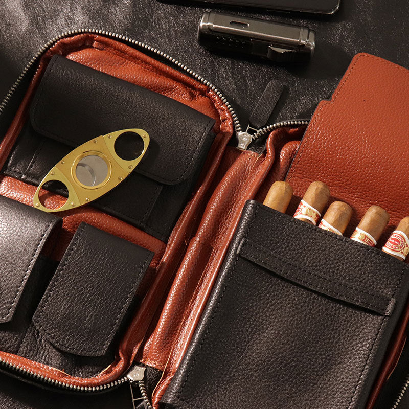 Leather Cigar Case | Travel Cigar Pouch with Humidification System