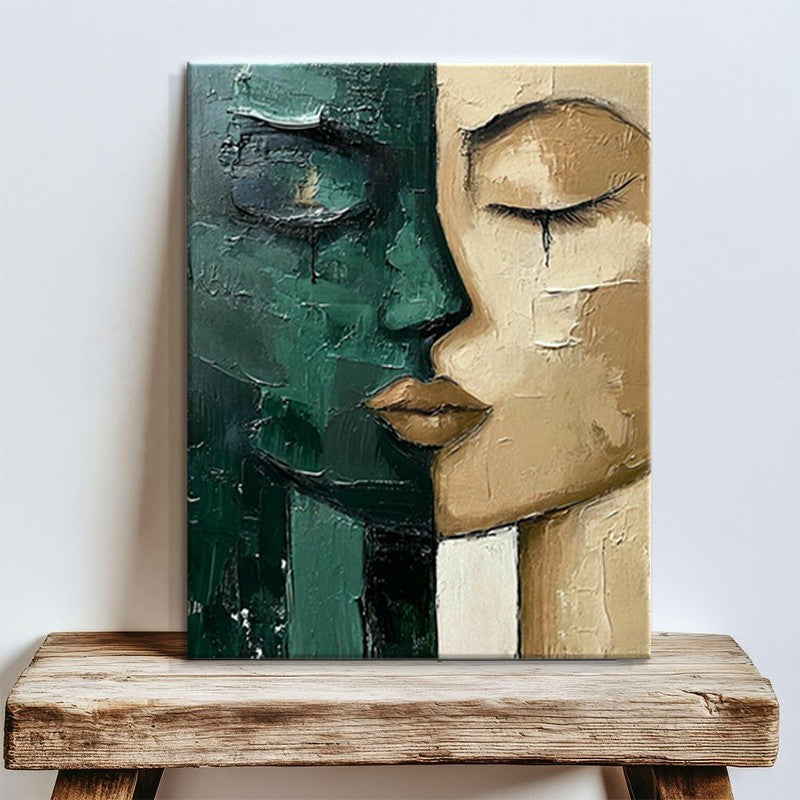 Ölbild Gesicht Grün Beige | Handgemalte Leinwand moderne Wandkunst