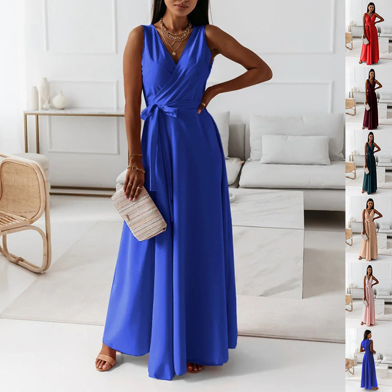 Elegant V-Neck Maxi Dress – Sleeveless Dress with Belt for Party & Evening