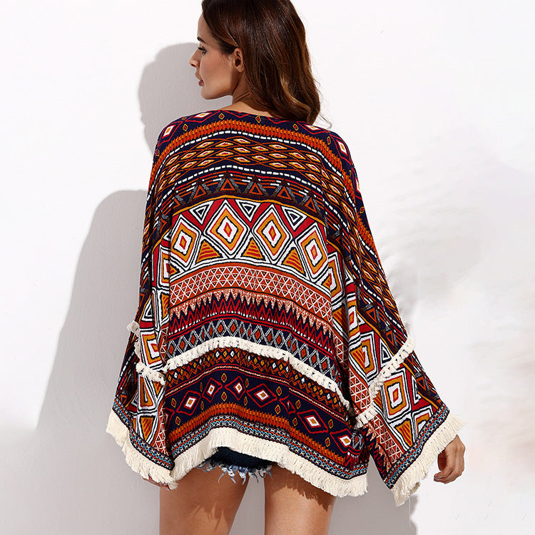 Boho Damen Cardigan Fransen | Vintage Print Kimono Jacke