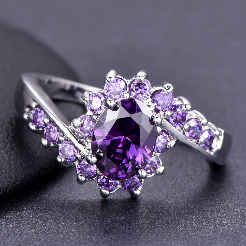 Oval Zirconia Ring Purple Stone | Elegant Women's Ring with Sparkling Stones
