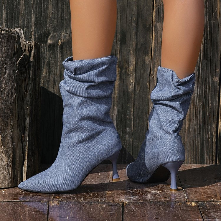Damen Denim Stiefeletten Spitze Zehen – Retro Stiletto Ankle Boots