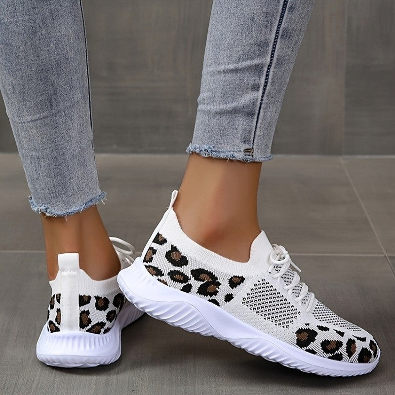 Women's White Sneakers with Leopard Print – Fashionable Lace-Up Sports Shoes
