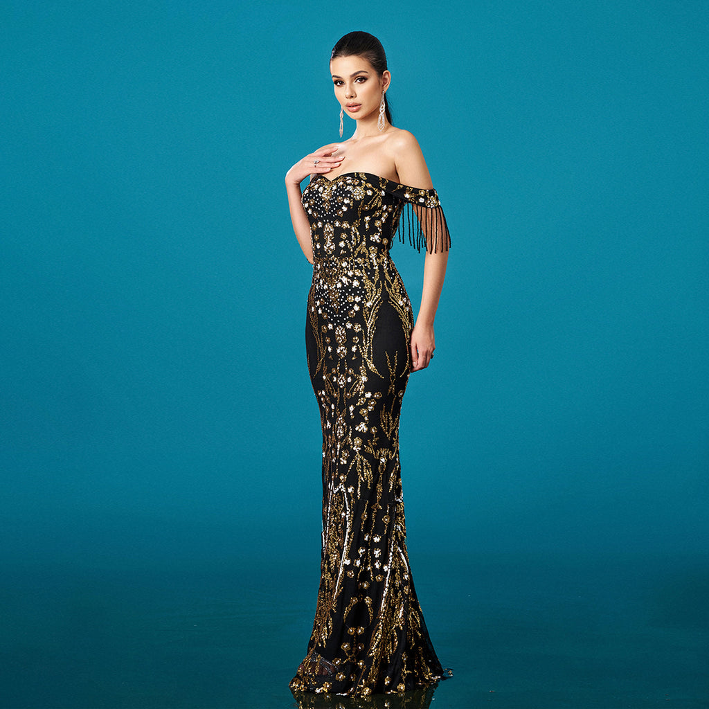 Off-Shoulder Sequin Evening Dress | Mermaid Maxi Dress