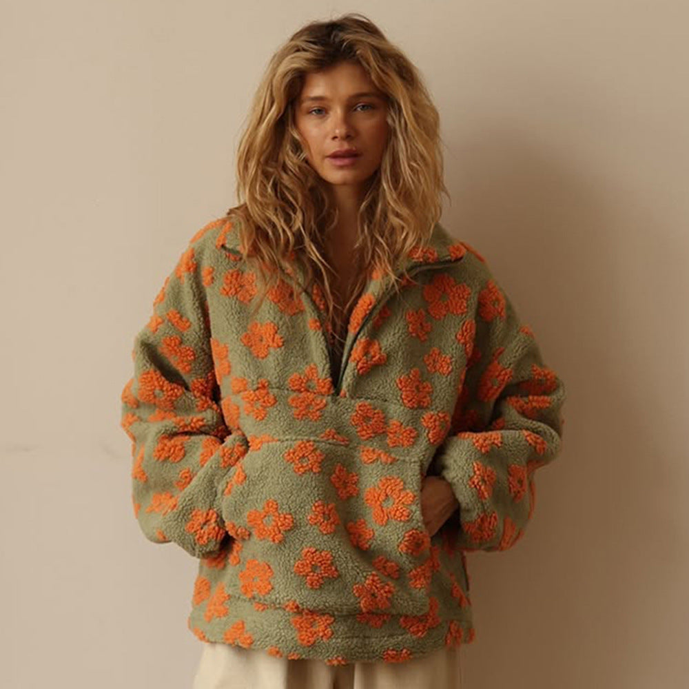 Women's Floral Fleece Pullover | Warm Oversized Look