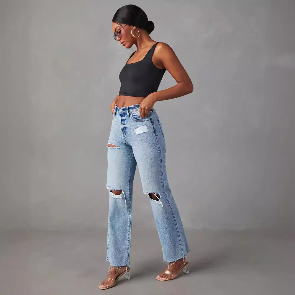 Women's Straight Leg Jeans Distressed Look – Washed Denim with Raw Hem