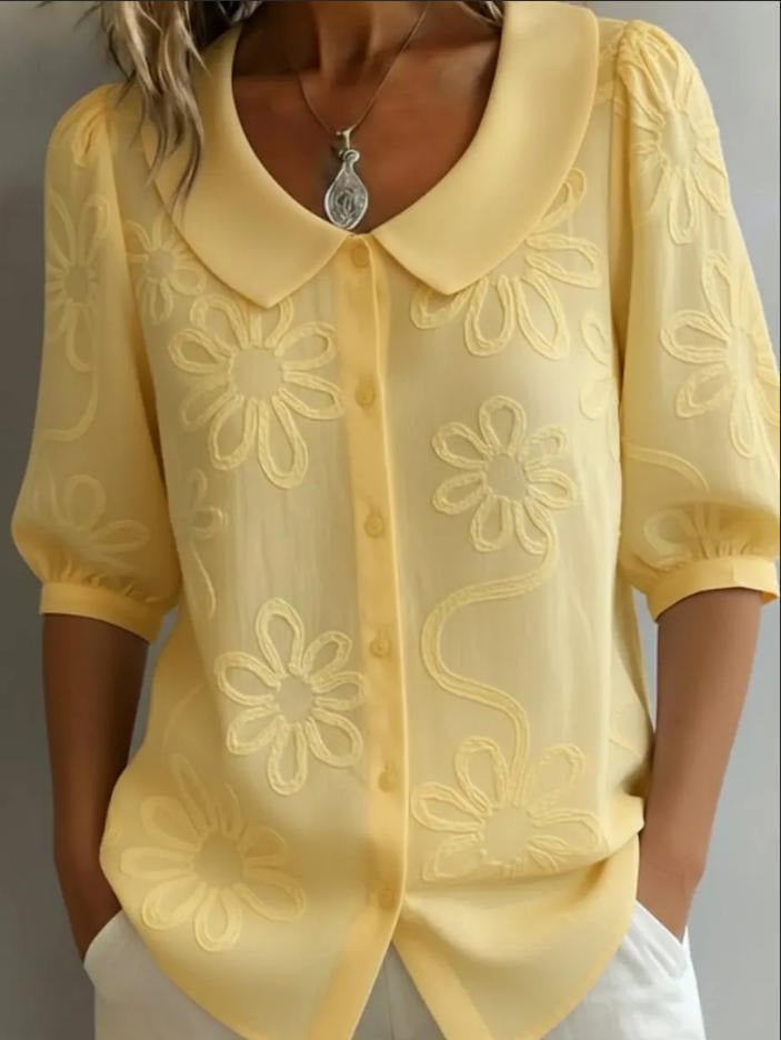 Retro Women's Blouse with 3D Floral Embroidery – Loose, Button Placket & Elegant