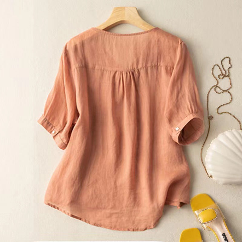 Damen V-Ausschnitt Bluse | Elegante Stickerei Tunika Slim Fit
