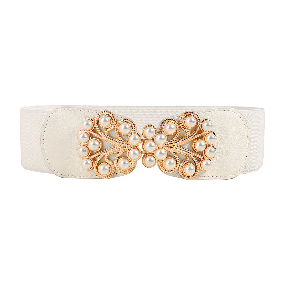 Women's Stretch Belt Wide | Elastic Pearl Buckle Elegant