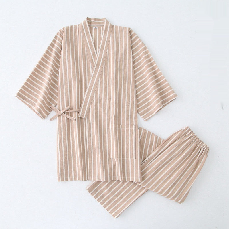 Kimono Pyjama Set Baumwolle | Gestreift Damen Herren Loungewear