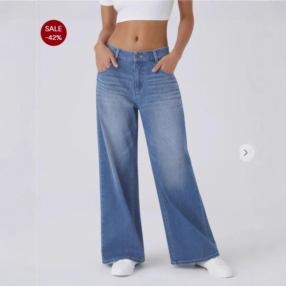 Women's Retro Wide Leg Jeans – Washed Denim with Textured Design