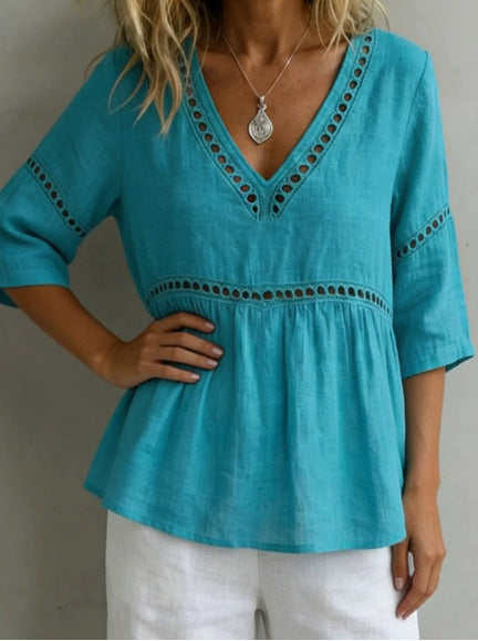 Women's V-Neck Top with Cut-Out – Fringes, Loose & Trendy