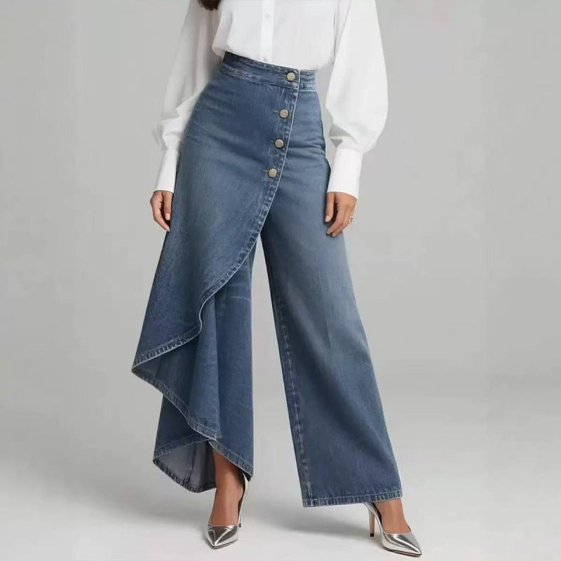 Women's Denim Skort with Button Placket – Washed Look Skirt Shorts