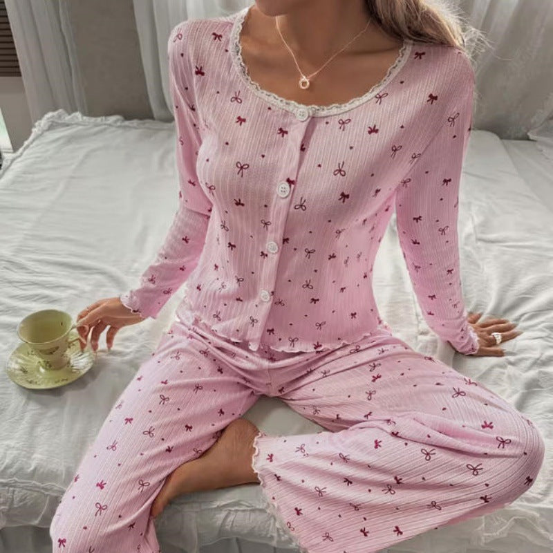 Damen Spitzen Loungewear Set – Bedruckter Zweiteiler mit Knopfleiste