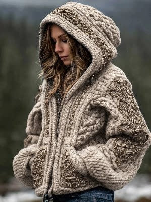 Damen Kapuzen Strickjacke mit Print – Reißverschluss Hoodie Cardigan