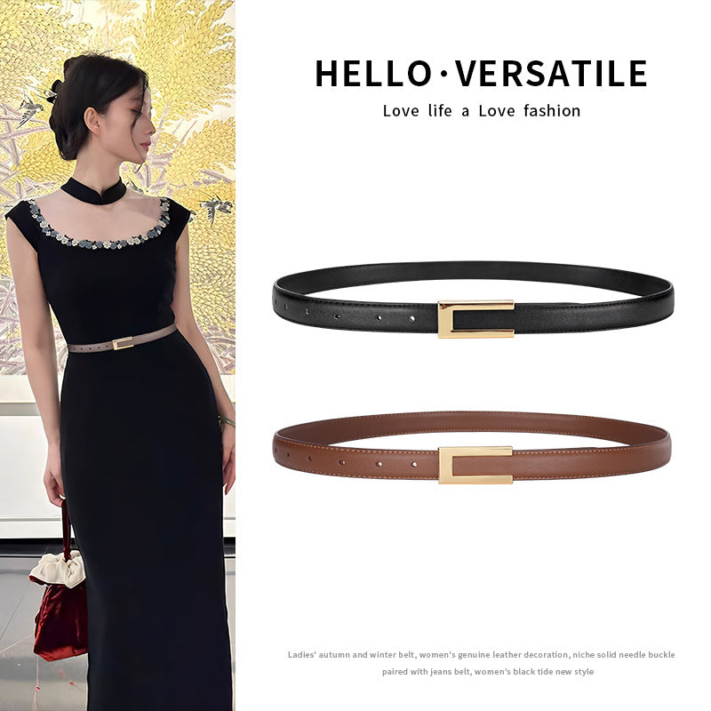Women's Black Slim Leather Belt | Cowhide Retro Style