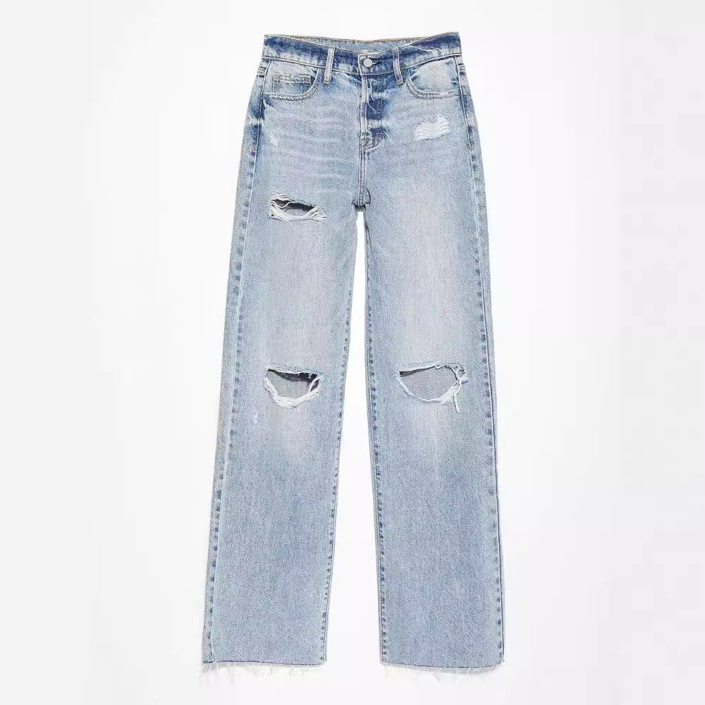 Women's Straight Leg Jeans Distressed Look – Washed Denim with Raw Hem