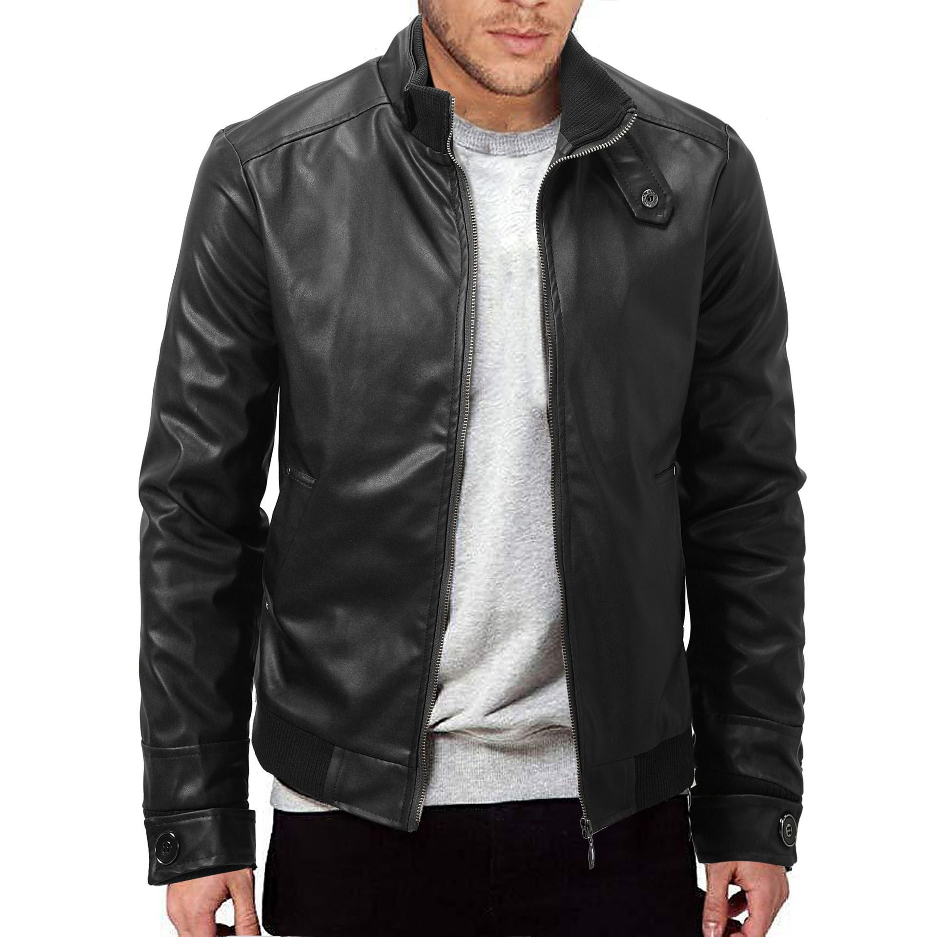 Men's Winter Leather Jacket Slim Fit - Warm Zip Jacket with Stand-Up Collar