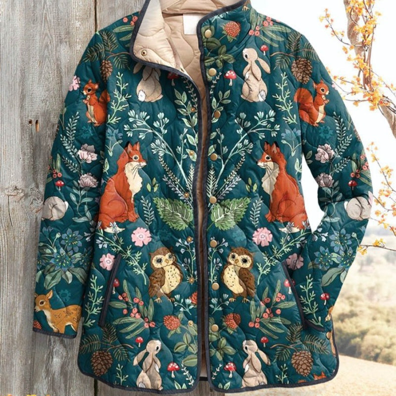 Women's Quilted Jacket with Floral Print – Lined, Pleated & Trendy Look