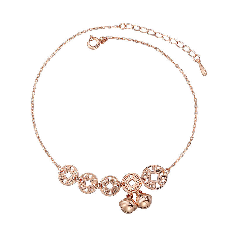 Roségold Boho Fußkettchen mit Glöckchen & Münzanhängern – Elegant