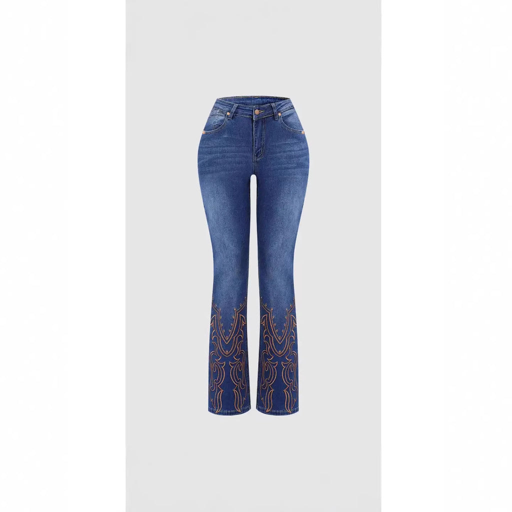 Women's Retro Stretch Jeans with Pearl Embroidery – Elegant Denim Pants