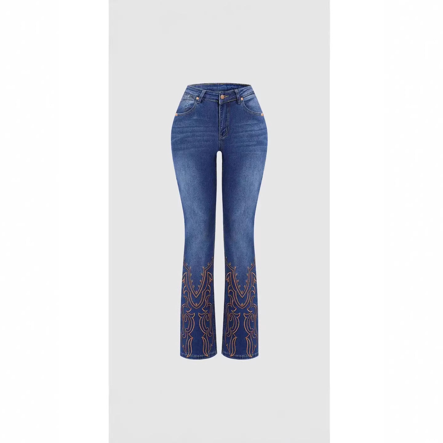 Women's Retro Stretch Jeans with Pearl Embroidery – Elegant Denim Pants