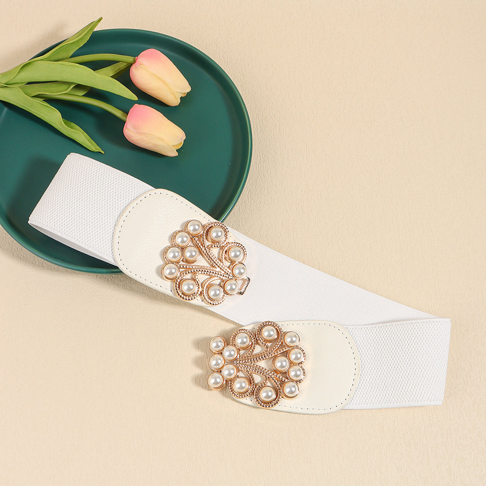 Women's Stretch Belt Wide | Elastic Pearl Buckle Elegant