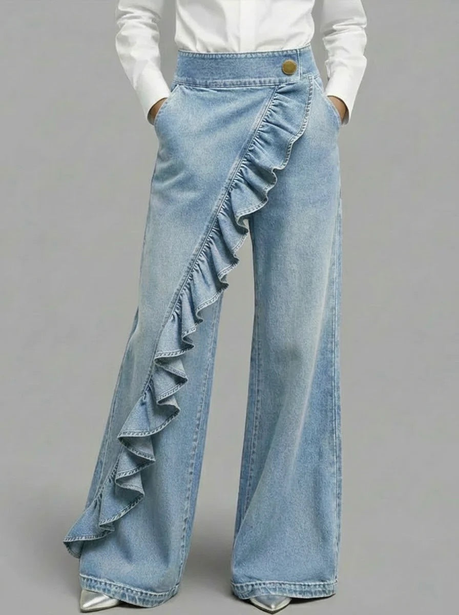 Women's Retro High Waist A-Line Jeans – Irregular Denim Trousers